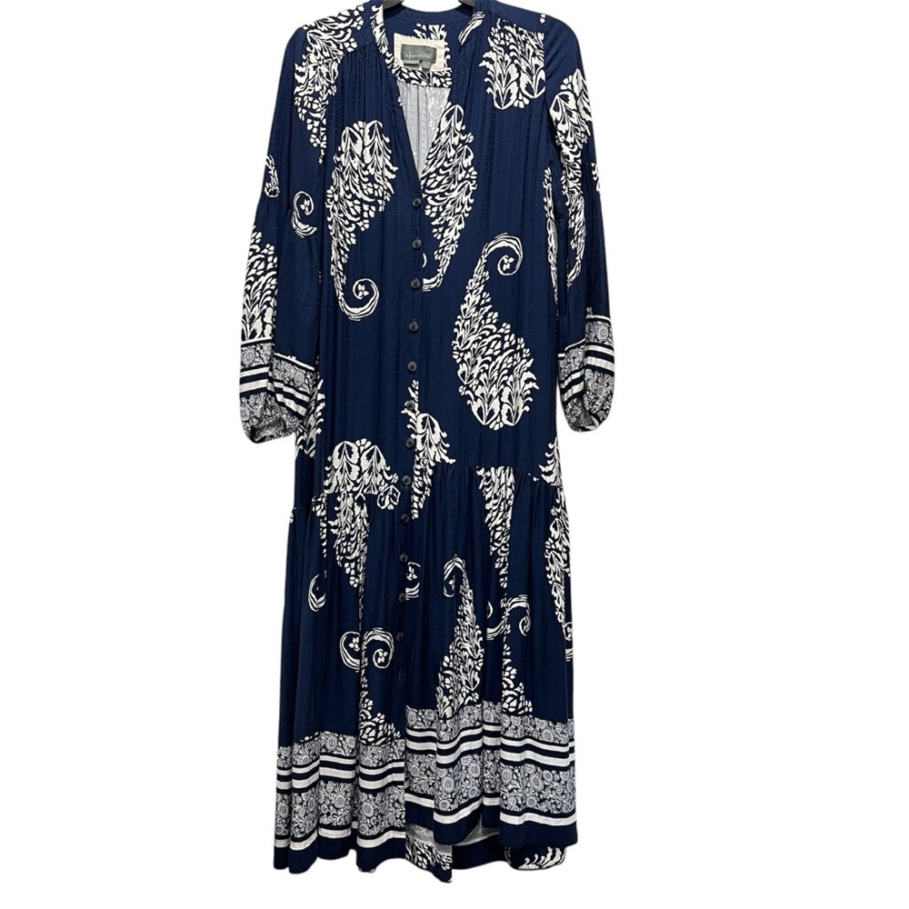 Anthropologie Tiered Long Sleeve Navy and White Button Down Maxi Dress Small